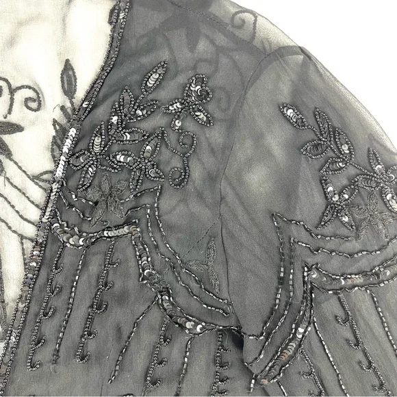 Adrianna Papell Boutique Black Silk Beaded Sheer Shrug